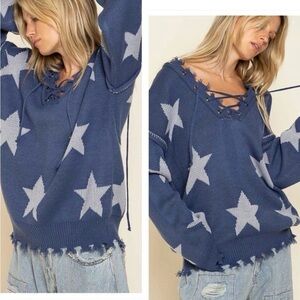 𝅺POL Bohemian sweater with tattered raw edges, and Lace up front and back Med